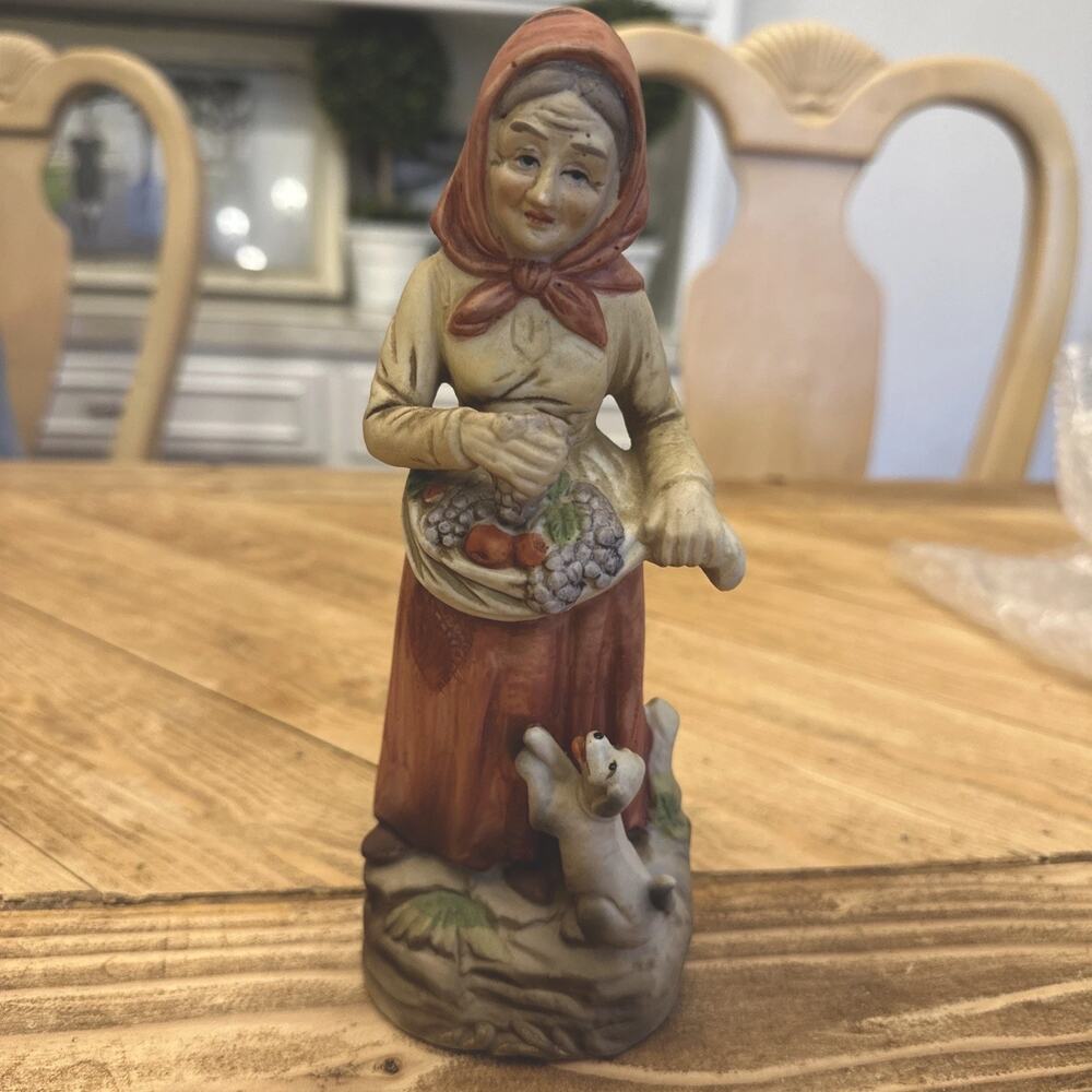 Homco Old Woman Figurine Dog Fruit Basket Grapes Puppy Lady Porcelain 1417